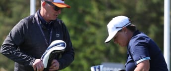Ex-Premier League referee Mike Dean caddying at Volvo Car Scandinavian Mixed 