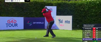 WATCH: Huge tee shot down the last from 55-year-old Dismas Indiza Anyonyi of Kenya