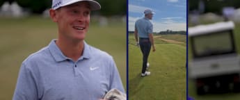 Vincent Normann reacts to hole-in-one during Volvo Car Scandinavian Mixed practice round