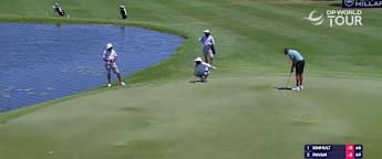 Casey Jarvis holes a long putt on the seventh