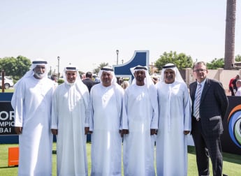 H.E. Sheikh Fahim Bin Sultan Al Qasimi hits ceremonial tee shot at Jumeirah Golf Estates