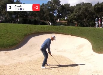 Wyndham Clark holes out for birdie from greenside bunker at the third