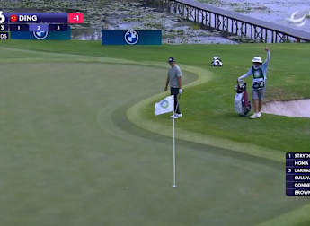 Wenyi Ding chips in for birdie from off the fringe at the par three 16th