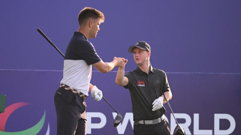 Kipp Popert of England and Brendan Lawlor of Ireland fist bump during the G4D Tour Series Finale