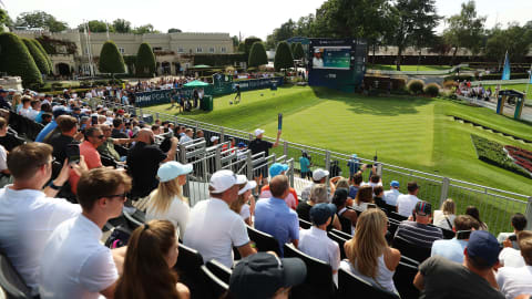 Tyrrell Hatton of England tees off on the 1st hole during Day Three