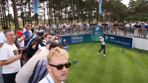 Thomas Detry plays his tee shot on the 11th hole
