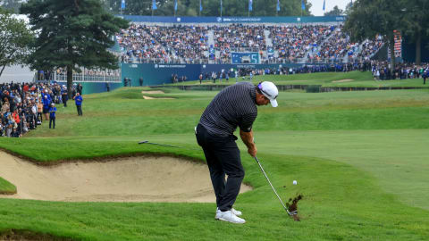 Ryan Fox of New Zealand plays his second shot on the 18th hole during the final round