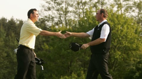 Thomas Bjørn claimed his eighth Tour title after winning a three-man sudden-death playoff at the 2005 British Masters