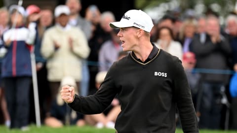 2023 Champion Daniel Hillier of New Zealand celebrates on the 18th green