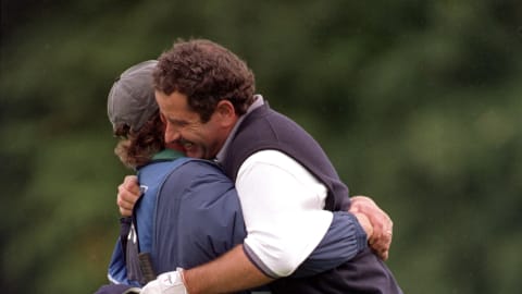 Sam Torrance celebrates a one-stroke victory over Michael Campbell in 1995