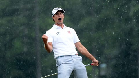 Adam Scott celebrates making history as the first Australian to win the Masters on the second play-off hole in 2013 / Credit: Harry How