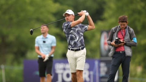 Matty Cash plays at the Celebrity Pro-Am on the Wednesday before the Betfred British Masters
