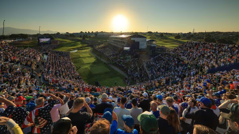 A view from the top of the grandstand around the first tee