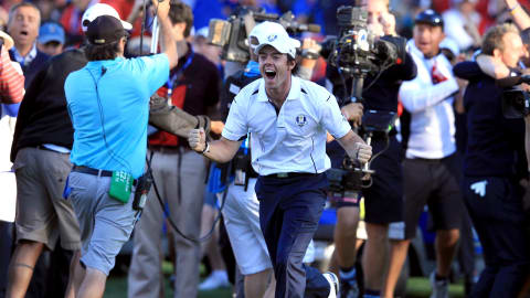 Rory McIlroy celebrates after helping Europe complete the 'Miracle at Medinah'