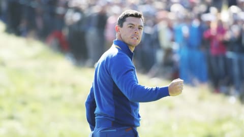 Rory McIlroy turns to the crowd during The 2018 Ryder Cup 