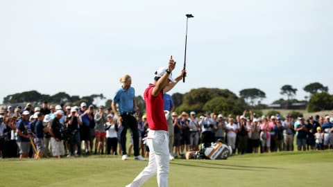 Min Woo Lee celebrates after winning in Australia
