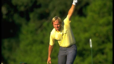 Nicklaus celebrates holing a vital putt on the 17th on his way to winning his final Major Championship at the Masters in 1986 / Credit: David Cannon