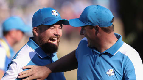 Shane Lowry and Sepp Straka celebrate during Friday's foursomes session