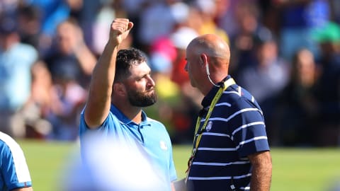 Jon Rahm acknowledges the crowd