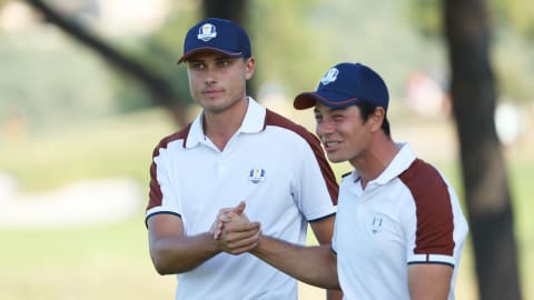 Ludvig Åberg and Viktor Hovland celebrate during their record 9&7 win on Saturday in foursomes