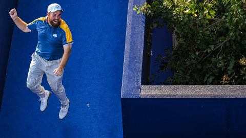 Shane Lowry jumps for joy as he celebrates Team Europe's Ryder Cup victory 