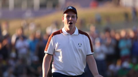 Robert MacIntyre celebrates winning his fourballs match with Justin Rose 3&2 on Saturday