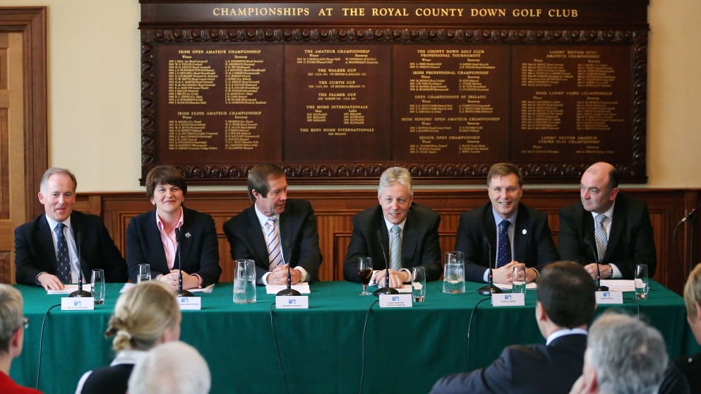 Dr Peter Brown, Captain of Royal County Down GC,  Enterprise, Trade and Investment Minister Arlene Foster, George O’Grady, First Minister the Rt. Hon. Peter D Robinson, MLA, Alan Clarke, Chief Executive of the NITB, John O’Neil, of Lough Erne Resort