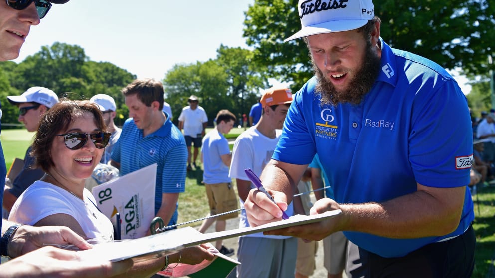 Andrew Johnston signs autographs at the US PGA Championship