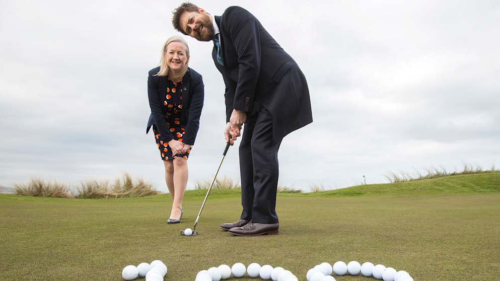 Áine Kearney of Tourism NI and Simon Alliss, the European Tour's Dubai Duty Free Irish Open Hosted by the Rory Foundation Championship Director