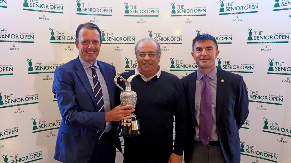 David MacLaren (L) the Head of The Staysure Tour, Costantino Rocca (centre), and Mike Woodcock Head of Communications for the R&A (R) during The Senior Open presented by Rolex media day