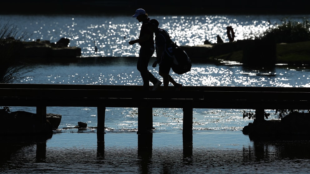 Eddie Pepperell- on the bridge at the 14th hole at the Portugal Masters at Victoria Clube de Golfe 