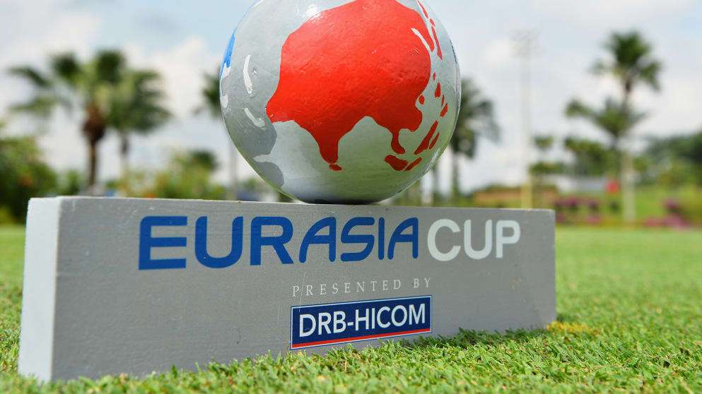 A tee marker during the first day's fourball matches at the EurAsia Cup presented by DRB-HICOM at Glenmarie G&CC