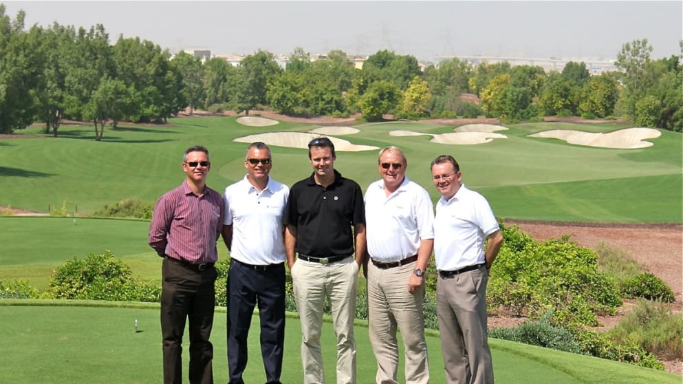 (Left to right) Geoff Hunter, Graeme MacNiven, Mark Tupliing, David Garland and Nick Tarratt on a pre-tournament inspection of the Earth course at Jumeirah Golf Estates, Dubai.
