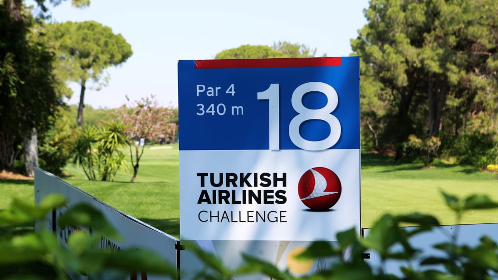 Signage at the 18th hole of National Golf Club during the Turkish Airlines Challenge