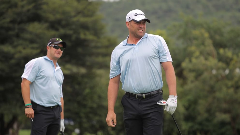 South African cricket legends Jacques Kallis (right) and Mark Boucher during the Alfred Dunhill Championship Pro-Am