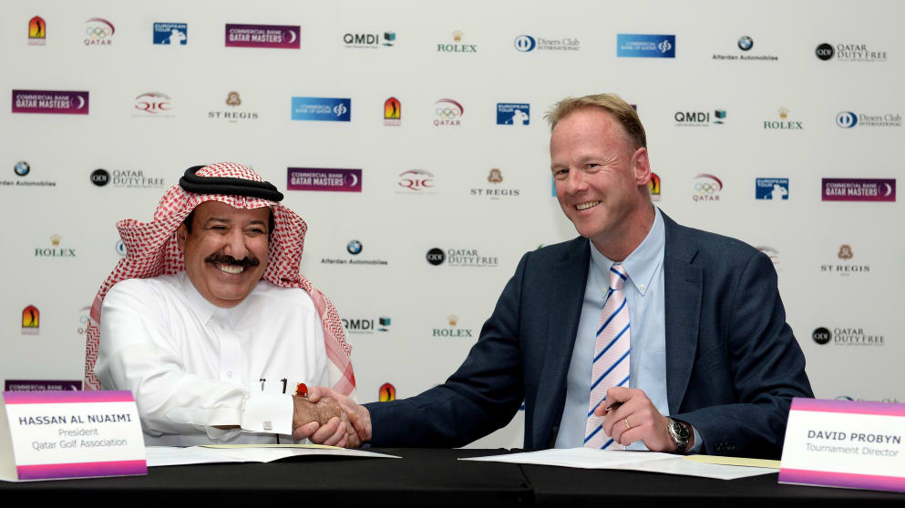 Hassan Al Naimi, President of the Qatar Golf Association and David Probyn, Tournament Director of the Comercial Bank Qatar Masters