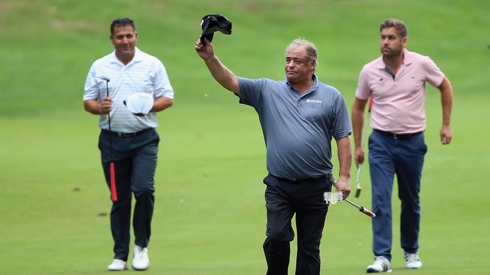 Costantino Rocca of Italy waves good-bye to the crowd on the 18th hole