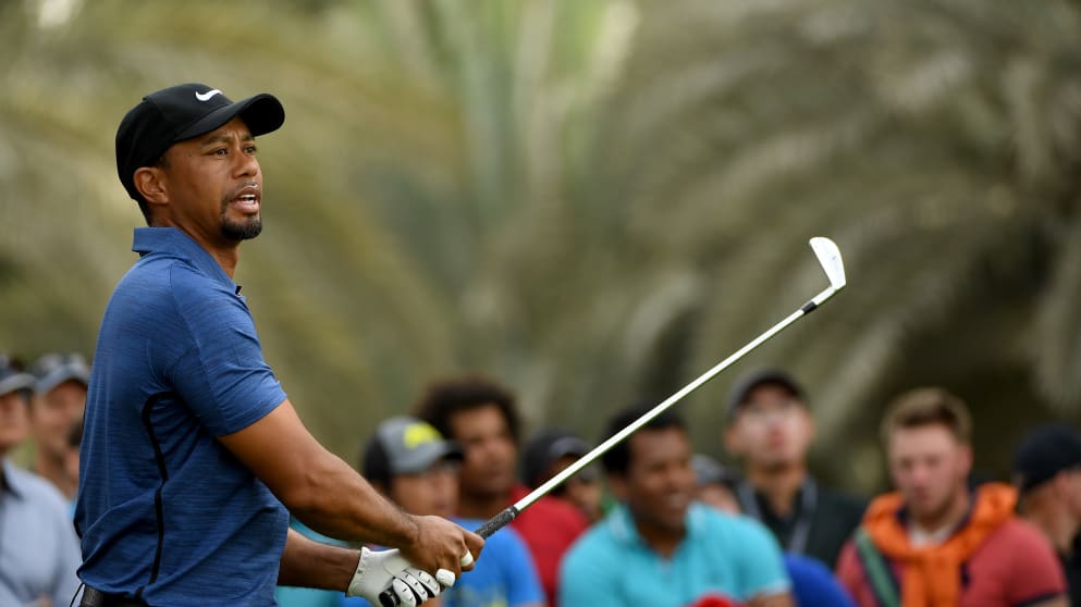 Tiger Woods in action during the Omega Dubai Desert Classic