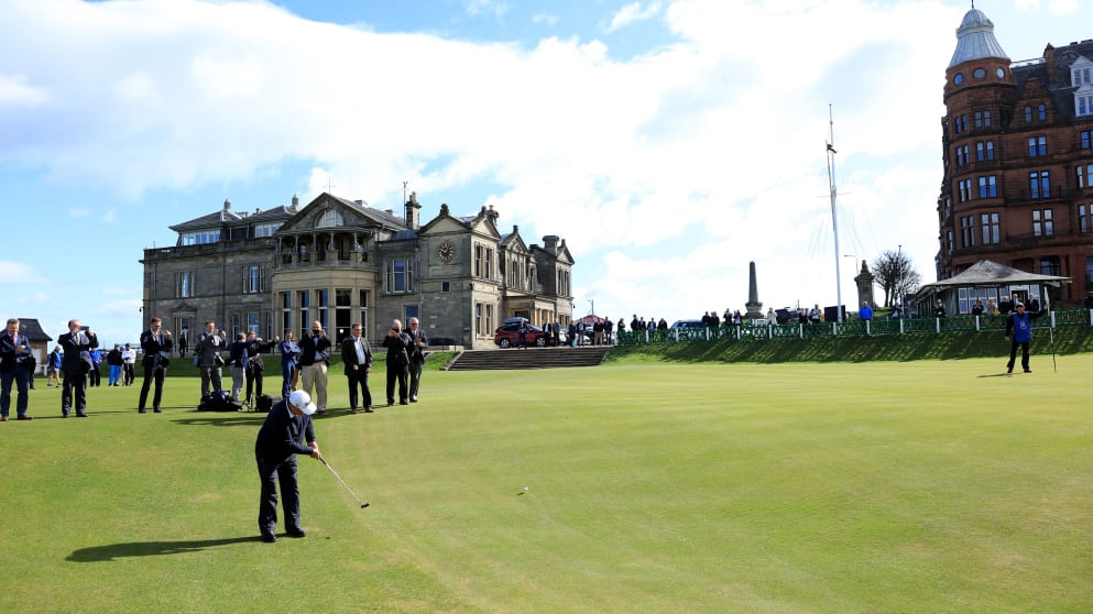 Costantino Rocca of Italy attempting to recreate the long putt that he holed from the 'Valley of Sin' to get into a play-off with John Daly for the 1995 Open Championship