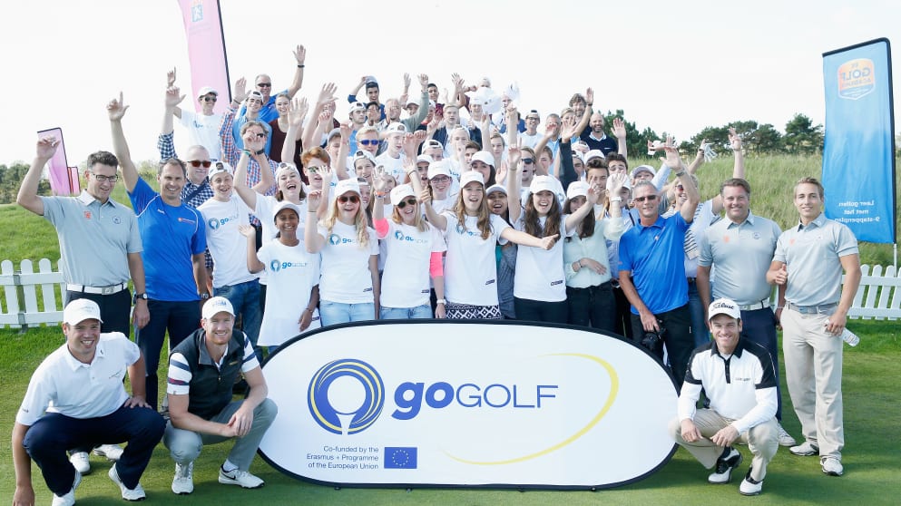 Floris De Haas, Wil Besseling and Alvaro Velasco helped launch GoGolf Europe at the KLM Open with 50 local students