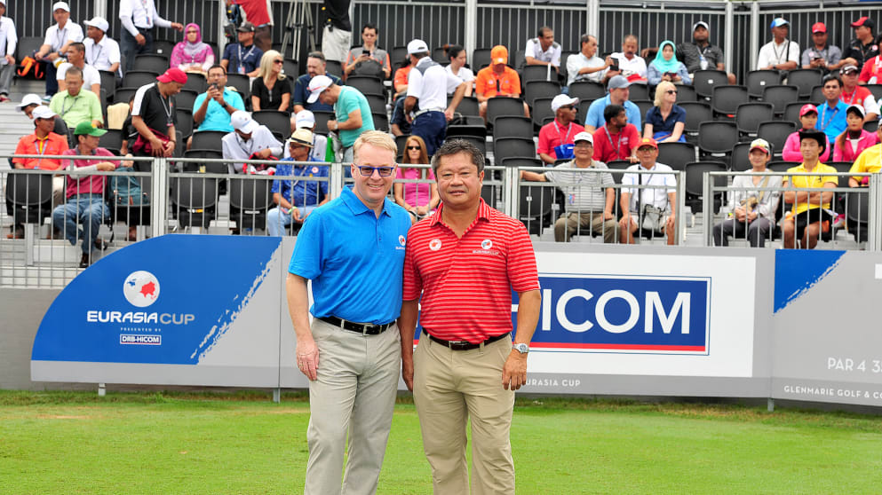 Keith Pelley, Chief Executive of the European Tour  and Kyi Hla Han, Commissioner of the Asian Tour,
