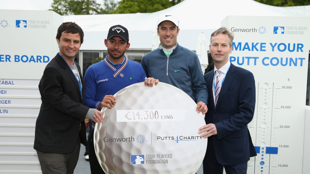L-R: Giles Long, Pablo Larrazabal, Ross Fisher and Jonathan Orr take part in the Genworth Putts4Charity challenge