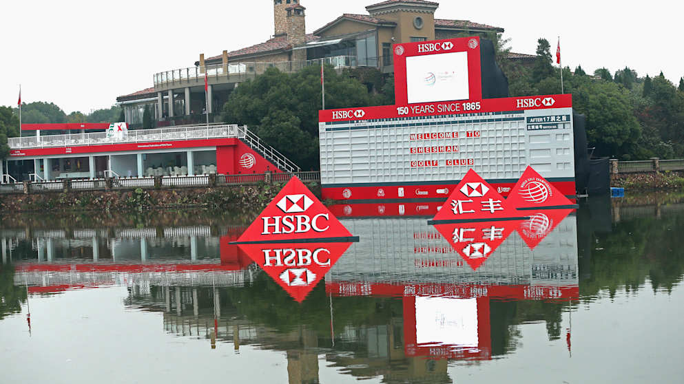 A general view of the scoreboard and clubhouse by the 18th green during the Pro Am event prior to the start of the WGC - HSBC Champions at the Sheshan International Golf Club