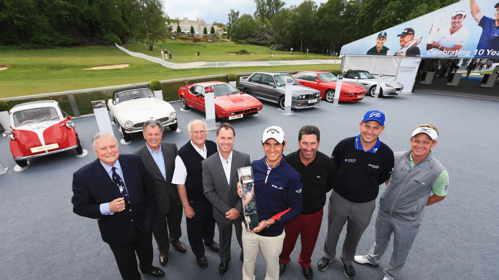 Former PGA Championship winners (L-R) Peter Alliss, Bernard Gallacher, Neil Coles, Paul Way, Matteo Manassero, Jose Maria Olazabal, David Howell and Luke Donald celebrate 60 years of the PGA Championship 