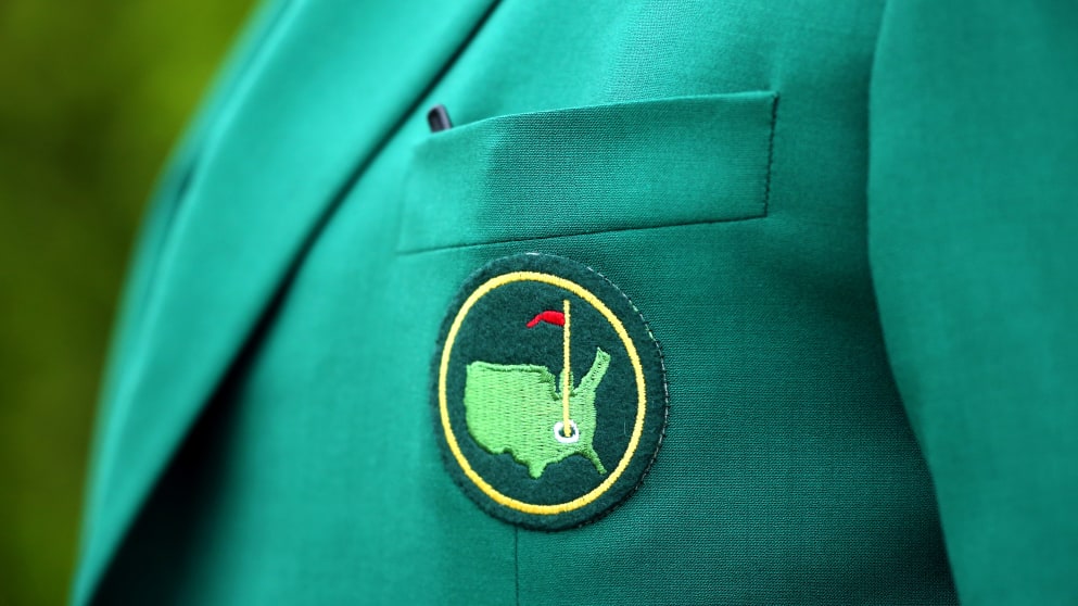 A Masters logo is seen on the jacket of a member at Augusta National Golf Club