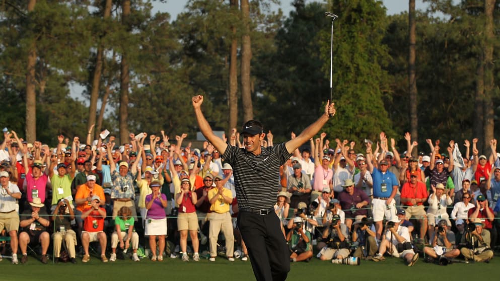Charl Schwartzel holes out for victory at the 2011 Masters Tournament