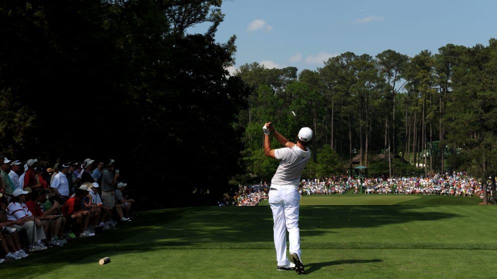 Adam Scott tees off at Augusta National's sixth hole