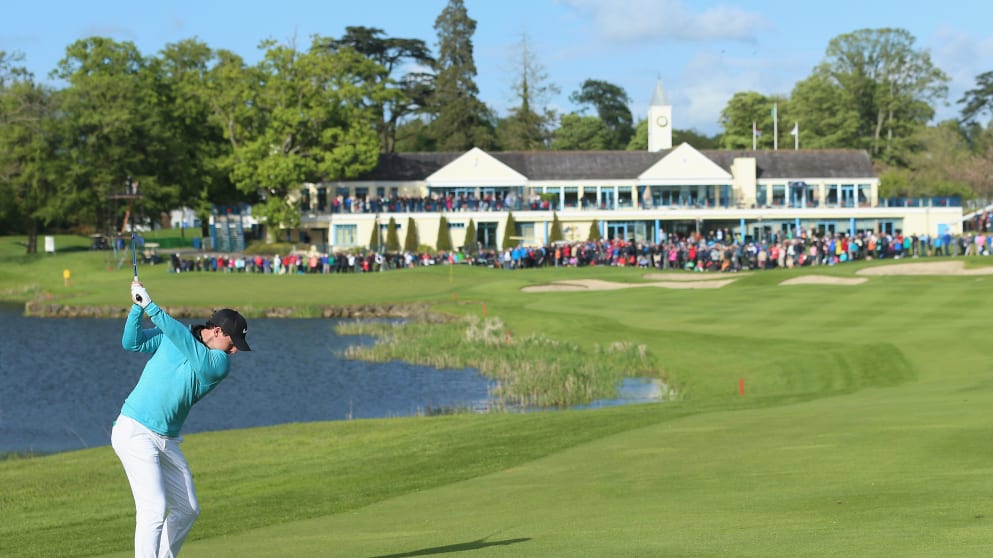 Rory McIlroy - plays his second shot into the 18th hole during the first round of the Dubai Duty Free Irish Open Hosted by the Rory Foundation 