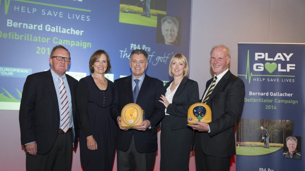Lesley (second left) and Bernard Gallacher (centre) with (from left) Richard Hills, Ryder Cup Director, Jo Jerrome, Deputy CEO Arrhythmia Alliance and Sandy Jones, Chief Executive of the PGA