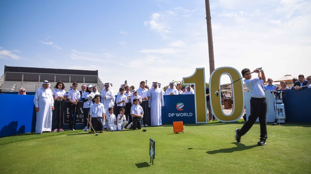 EGF Junior Sultan Essam Al Jassmy hits the ceremonial tee shot